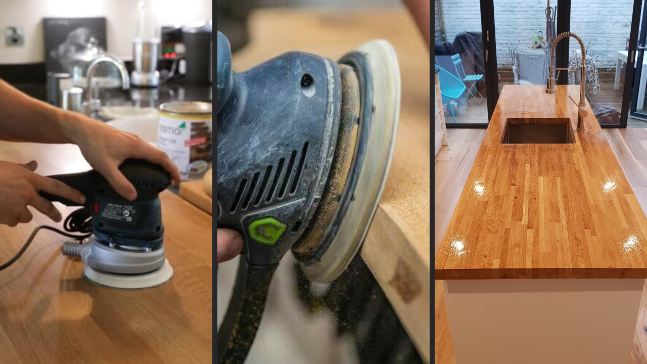 Worktop Refinishing in Bracknell showing sanding, polishing and finished results on an oak butcher block kitchen island with oak plank wood flooring