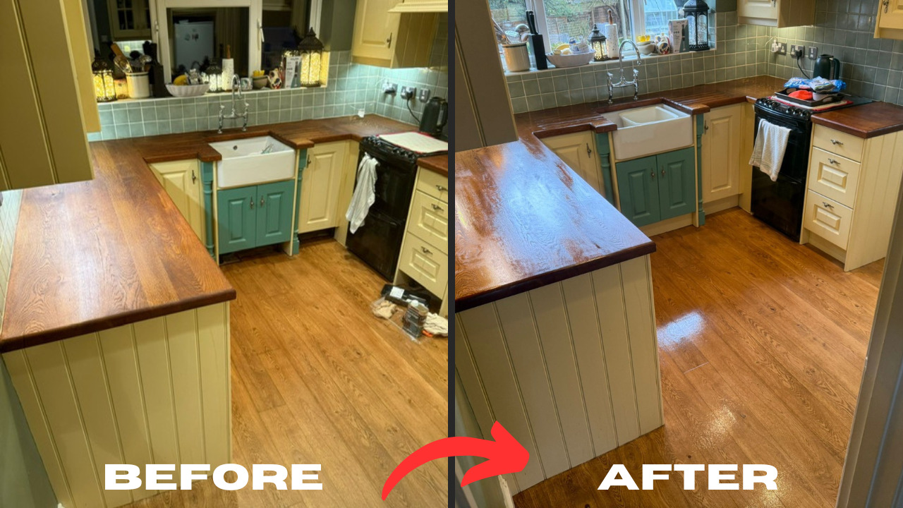 Worktop Refinishing in Bracknell showing before and after results on solid oak kitchen worktops with engineered oak wood flooring