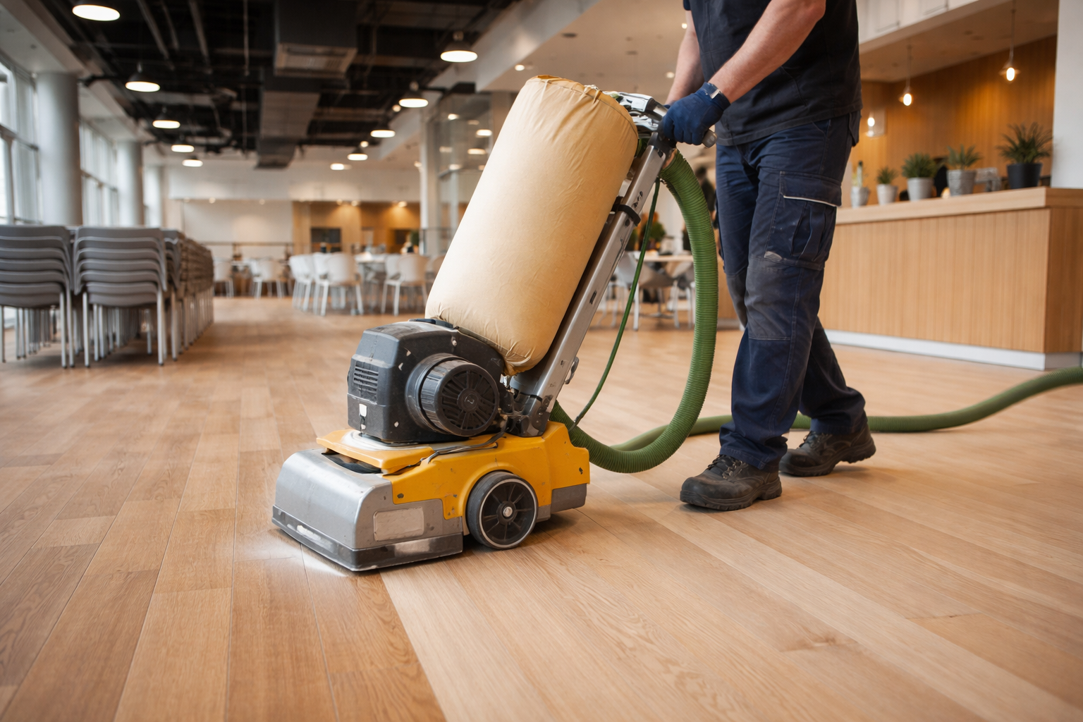 Commercial floor sanding in Bracknell business premises using a dust-controlled sanding machine on a light oak timber floor